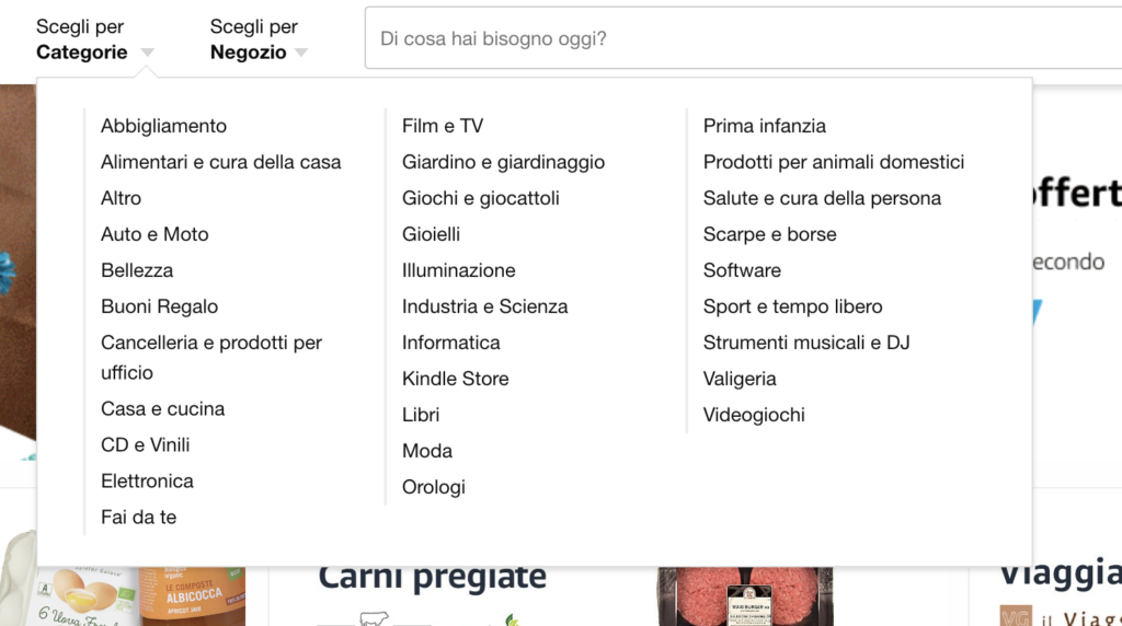 categorie prodotti in amazon prime now
