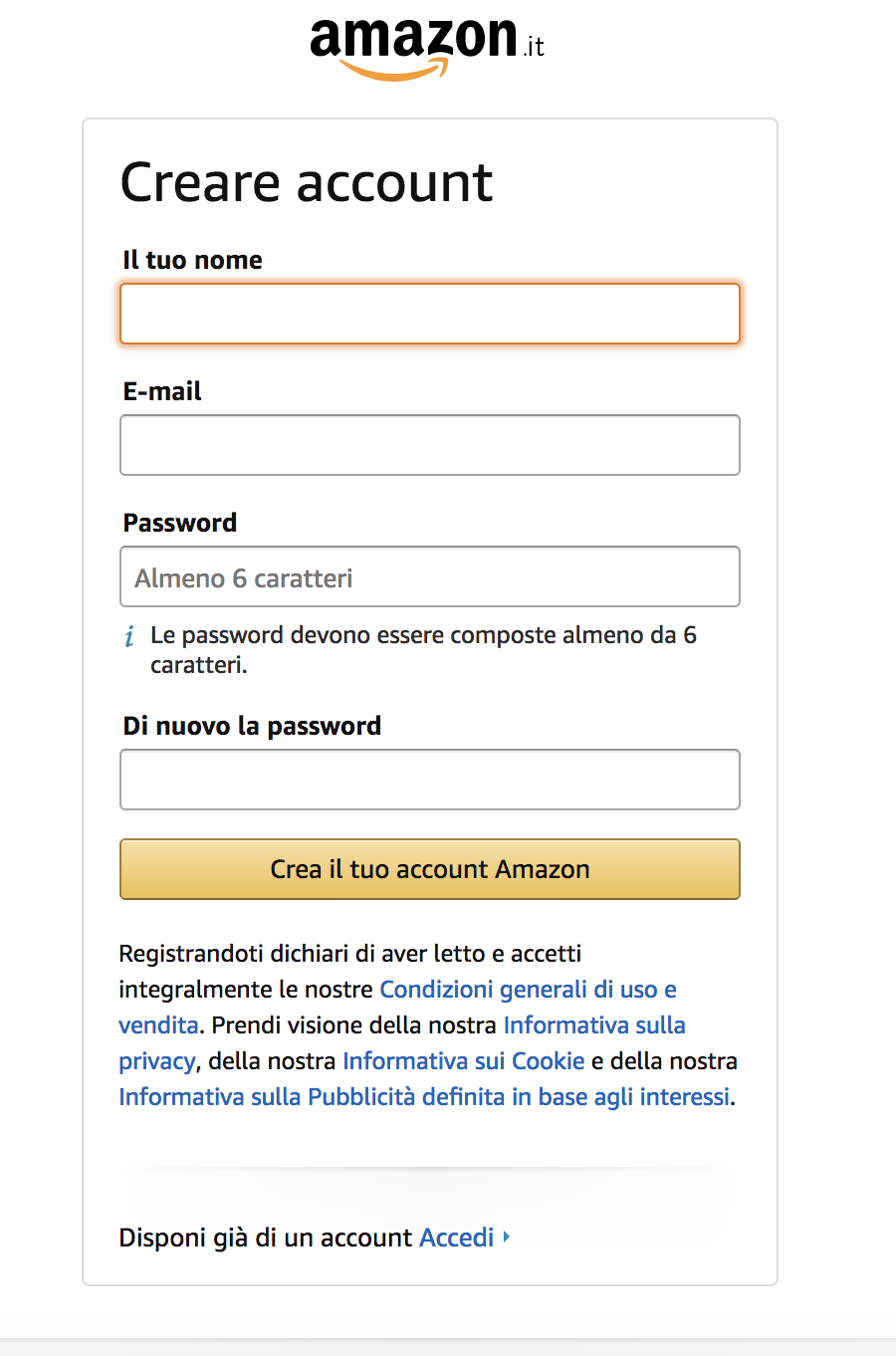 come funziona amazon - la pagina iscrizione