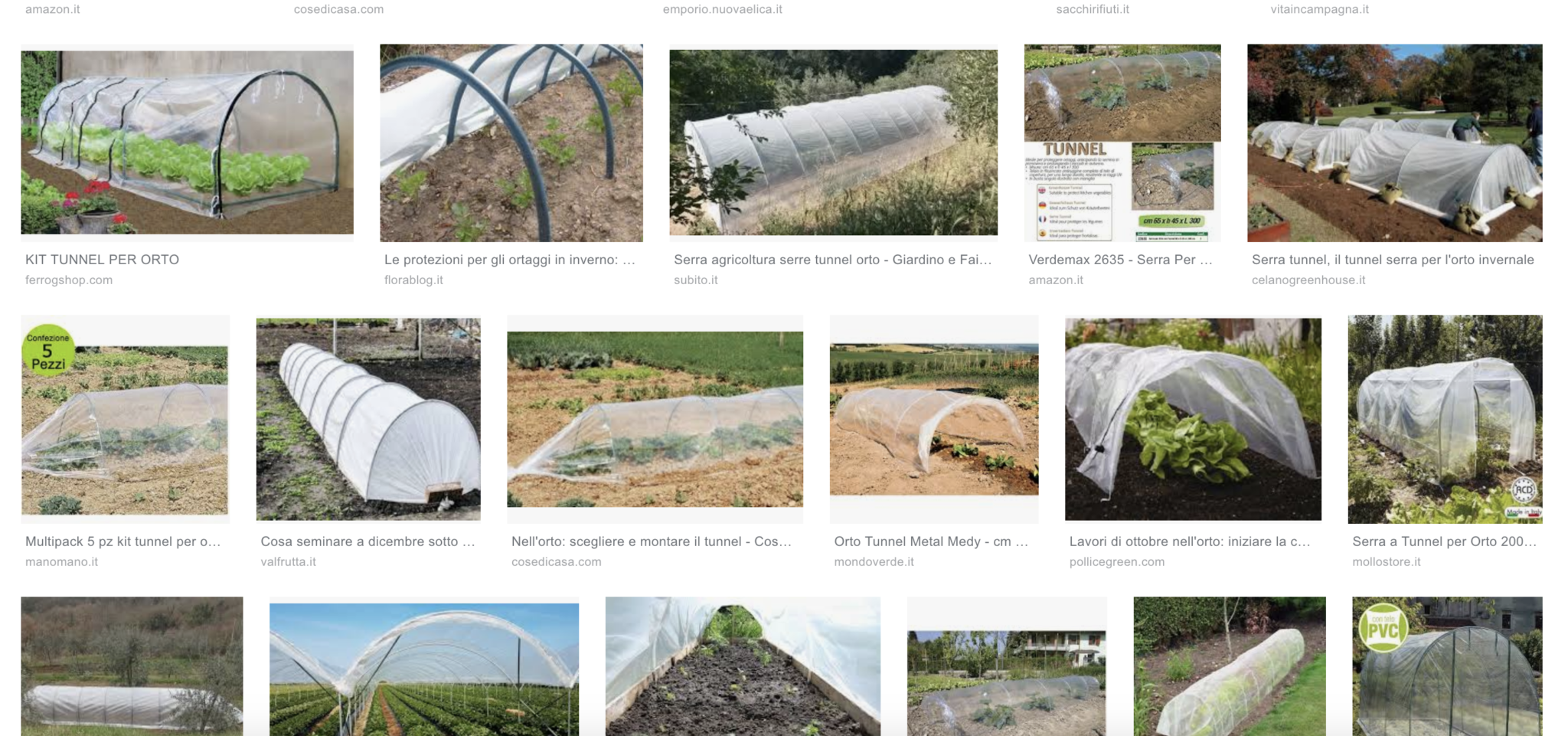 pagina di ricerca di google con diversi esempi di tunnel per orto